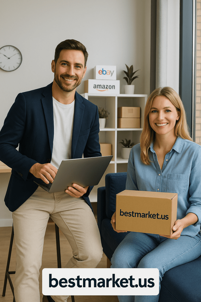 Happy American small business owners promoting their products on Bestmarket.us in a modern office