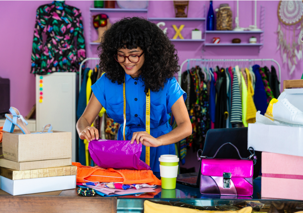 Beautiful young hispanic woman managing her home clothing e-commerce business from home