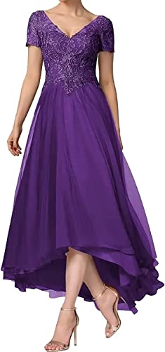 Short Sleeves Mother of The Bride Dresses for Women Lace Appliques V Neck High-Low Formal Wedding Party Prom Dress Purple