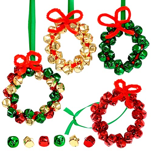 Children's Christmas craft kit with jingle bells, red and green pipe cleaners, and red ribbon for making jingle bell wreath ornaments.