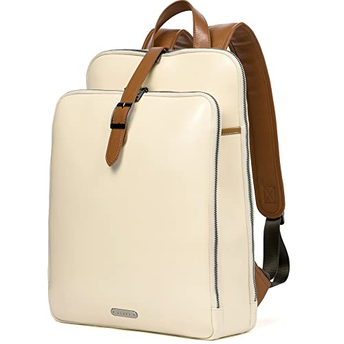 CLUCI Womens Backpack Purse Leather 15.6 Inch Laptop Travel Business Vintage Large Shoulder Bags Beige with Brown