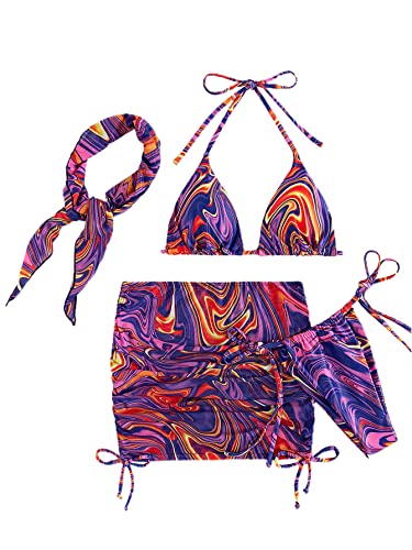 SOLY HUX Women's 4 Piece Swimsuits Triangle Bikini Bathing Suits with Mesh Beach Skirt & Bandana Printed Multicoloured S