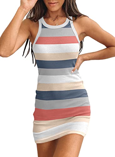 Samefar Womens Summer Sexy Bodycon Dress Scoop Neck Slim Ribbed Sleeveless Tank Dresses Stripd Multicolor Mini Dress X-Small