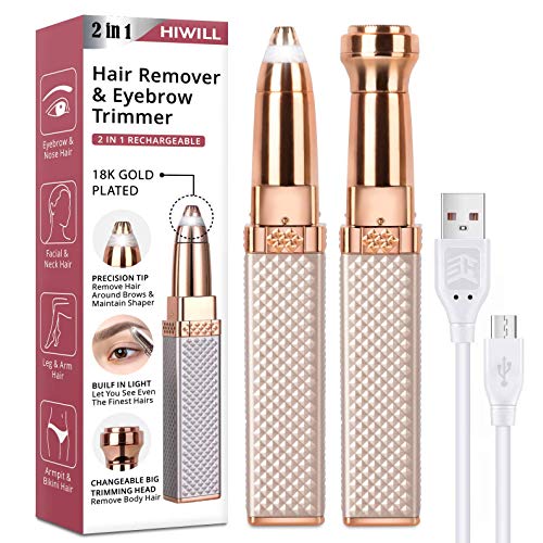 Eyebrow Trimmer & Facial Hair Removal for Women, 2 in 1 Eyebrow Razor and Painless Hair Shaver Rechargeable for Face Peach Fuzz, Eyebrow, Lips, Body, Chin, Arms with Built-in LED Light (Rose Gold)