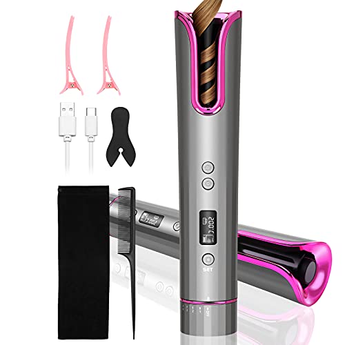 BlumWay Cordless Auto Hair Curler, Automatic Curling Iron with LCD Display Adjustable Temperature & Timer,Rechargeable & Portable Curling Wand for Travel,Magic Styling Tools(Purple)