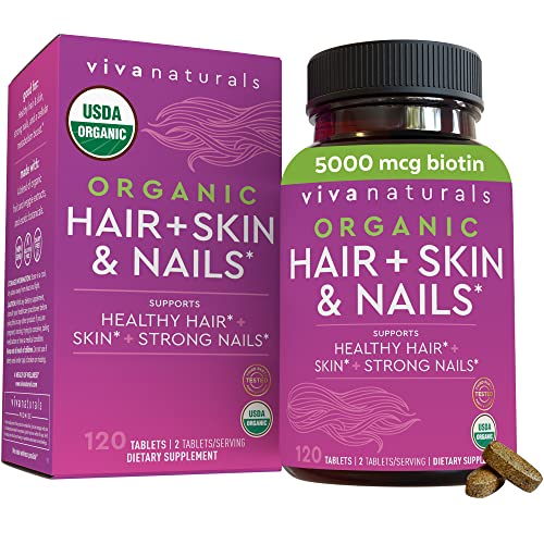 Organic Hair Skin and Nails Vitamins for Women– Biotin 5000 mcg Supplement to Support Normal Hair Growth and Glowing Skin, USDA Organic Supports Strong and Healthy Nail Growth, 120 Tablets