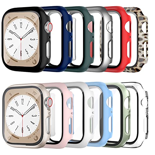 Cuteey 12 Pack Case for Apple Watch Series 8 7 41mm Tempered Glass Screen Protector, All Round Full Hard PC Leopard Pattern Cover Bumper for iWatch 8 7 Accessories