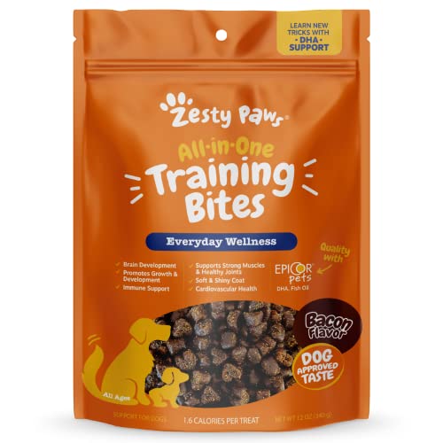 Zesty Paws Training Treats for Dogs & Puppies - Hip, Joint & Muscle Health - Immune, Brain, Heart, Skin & Coat Support - Bites with Fish Oil Omega 3 Fatty Acids with EPA & DHA - Bacon Flavor - 12oz…