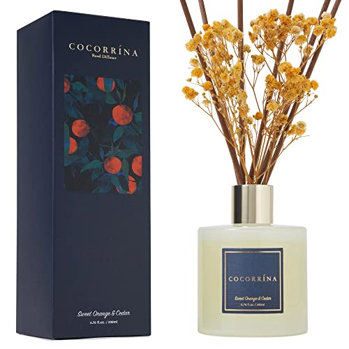 Cocorrína Reed Diffuser Sets, 6.7 oz. Sweet Orange Cedar Diffuser with Sticks Home Fragrance Essential Oil Reed Diffuser for Bathroom Shelf Decor