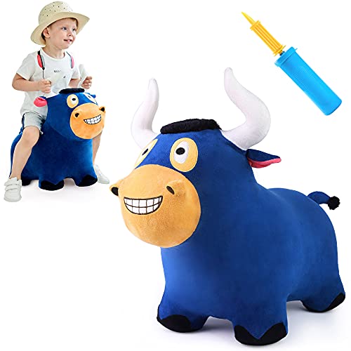 iPlay, iLearn Bouncy Pals Bull Hopper Toy, Toddler Plush Bouncing Horse, Kids Inflatable Ride Farm Animal Bouncer W/ Pump, Indoor Outdoor Hopping, Birthday Gift for 18 24 Month 2 3 4 Year Old Boy Girl