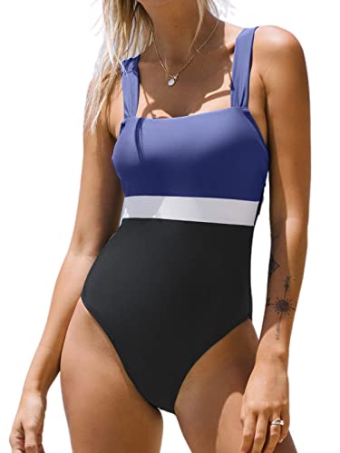 CUPSHE Womens Swimwear One Piece Swimsuit Colorblock Square Neck Wide Straps Back Tie Bathing Suits S Multicolor