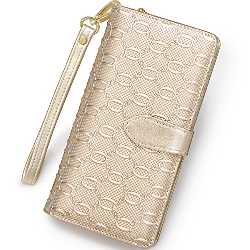 FOXER Leather Wallets for Women, Leather Gift Box Packing Chain Pattern Ladies Clutch Purses with Wristband Women's Trifold Long Wallets Womens Zip Around Wallets Credit Card Holders (Gold)