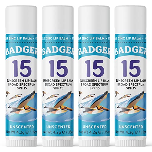 Badger SPF 15 Mineral Sunscreen Lip Balm (4 Pack) - Reef-Friendly Broad-Spectrum SPF Lip Balm with Zinc Oxide - Unscented, .15 oz