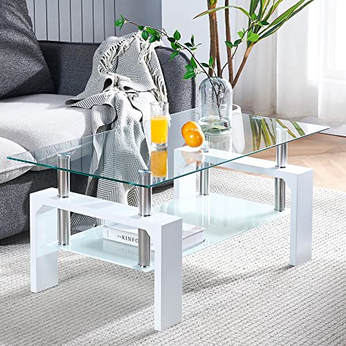 Living Room Rectangle Coffee Table, Tea Table Suitable for Waiting Room, Modern Side Coffee Table with Wooden Leg, Glass Tabletop with Lower Shelf, White