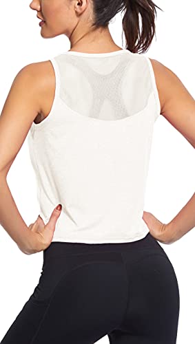 Cropped Workout Tops for Women Mesh Back Womens Workout Tops Flowy Crop Yoga Shirts Running Tank Tops (White, Large)