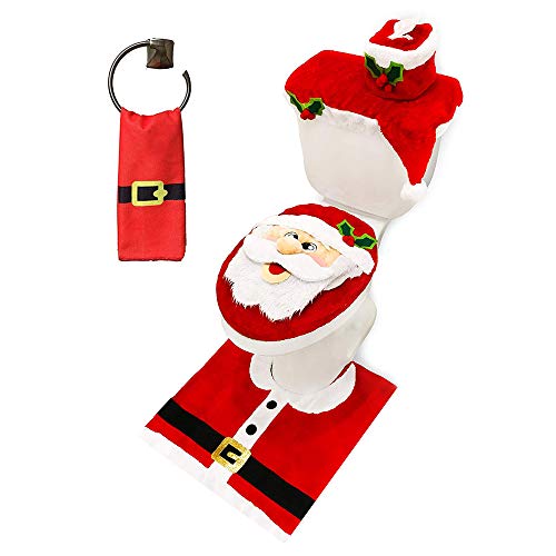 JOYIN 5 Pieces Christmas Theme Bathroom Decoration Set w/ Toilet Seat Cover, Rugs, Tank Cover, Toilet Paper Box Cover and Santa Towel for Xmas Indoor Décor, Party Favors (Santa)