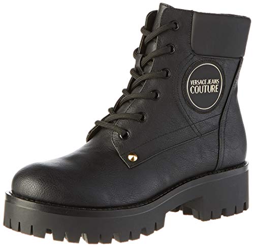Versace Jeans Women's Combat Boots, black leather, side view showcasing detailed stitching