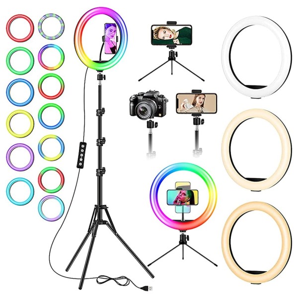 13 RGB Selfie Ring Light W Tripod Stand Phone Holder 26 Modes 10 Brightness Level 120 LED Bulbs Dimmable Selfie Ringlight Live Stream Makeup YouTube