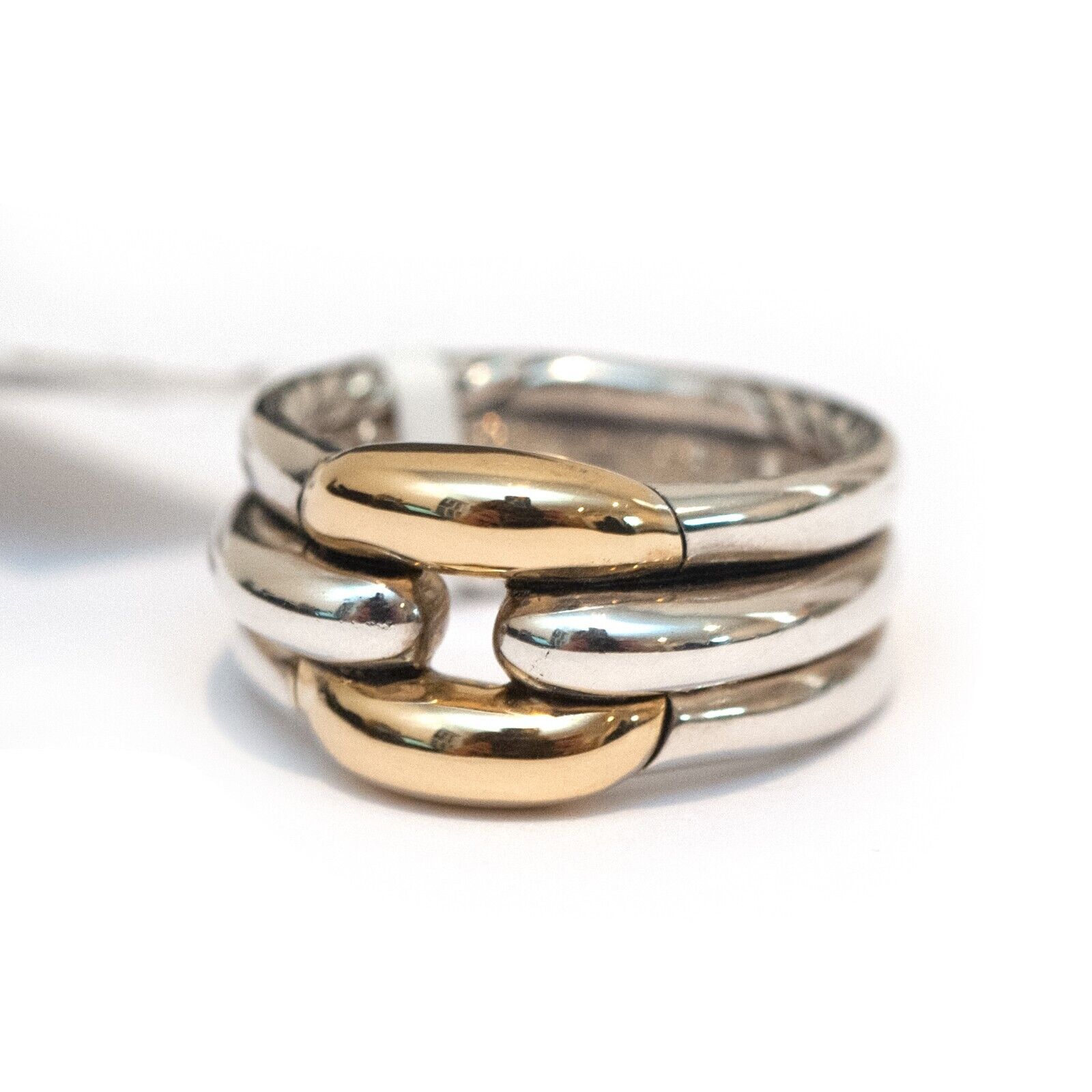 New DAVID YURMAN Thoroughbred Cushion Link Two Tone Silver 18K Gold Ring Size 7