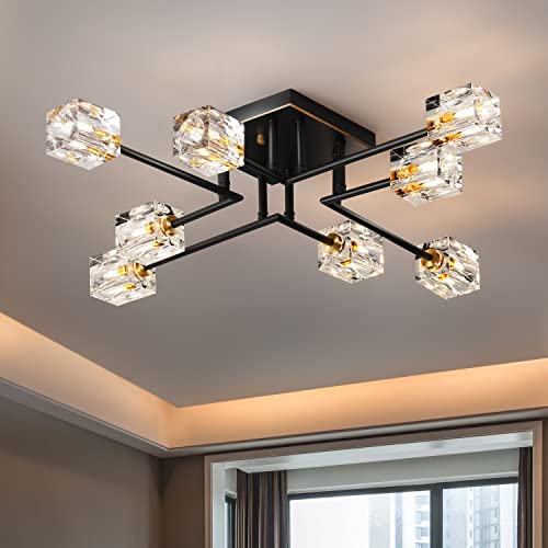 OKES 8-Lights Semi Flush Mount Ceiling Light Fixture,Black and Gold Modern Crystal Chandeliers,Farmhouse Lighting Fixtures for Dining Room Living Room Kitchen Bedroom Entryway