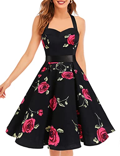Halter Vintage Dress for Women Retro Tea Party Dresses for Women Swing A line Homecoming Dress Rockabilly Pinup Audrey Hepburn Floral Dress Red Flower XS