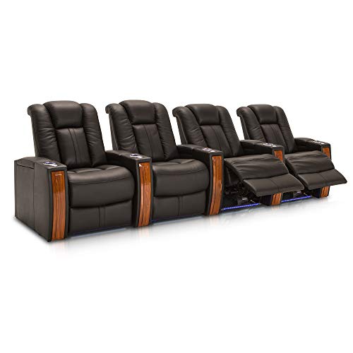Seatcraft Monaco Home Theater Seating, Living Room, Top Grain Leather, Power Recline, SoundShaker, USB Charging, Ambient Lighting, Wall Hugger (Row of 4, Black)