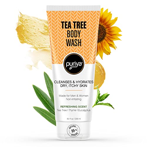Puriya Tea Tree Body Wash for Sensitive Skin, Use with Jock Itch, Athletes Foot, Body Back Acne Treatment, Moisturizing Natural Body Wash for Men, Women, Dry Skin. Eucalyptus, Mint Oil Shower Gel Soap
