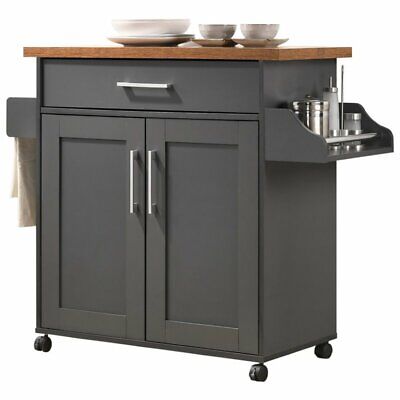 Hodedah Kitchen Island with Spice Rack plus Towel Holder in Gray-Oak Wood