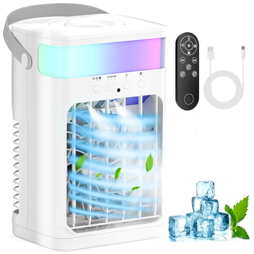Portable air conditioner with two mist spray ports, handle, and colorful RGB lights top view