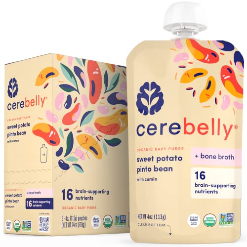 Cerebelly Baby Food Pouches – Sweet Potato Pinto Bean + Chicken Bone Broth (6 Count) - Healthy Kids Snacks - Veggie Purees - 16 Brain-supporting Nutrients from Superfoods, No Added Sugar