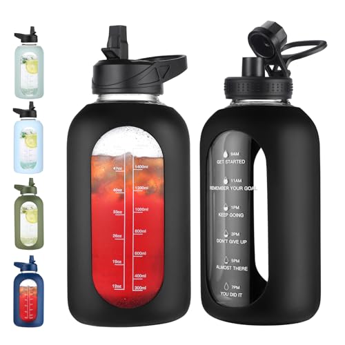 EALGRO 64 oz Glass Water Bottle With Straw and Handle, Half Gallon Sports Motivational Water Jug Flask with Silicone Sleeve, Large Water Cup with Time Marker for Travel, Gym, Black
