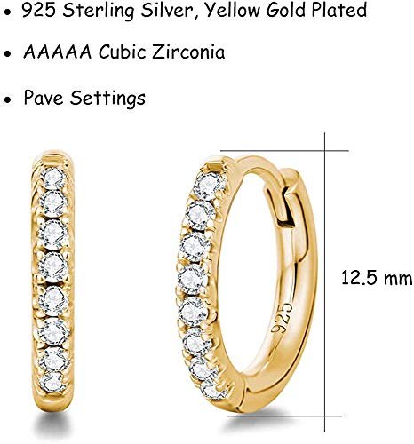 FANCIME Yellow Gold Plated Sterling Silver Round Cut Clear CZ Cubic Zirconia Small Hinged Cartilage Hoop Earrings Dainty Huggie Tiny Loops For Women Girls, 13mm