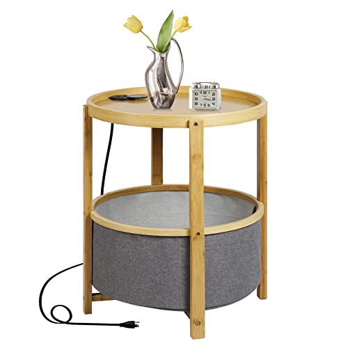 Avarmora End Table with Charging Station, Small Side Table with Storage Bamboo Round End Tables Nightstand Night Table for Living Room, Bedroom, Balcony Indoor Outdoor (Natural)