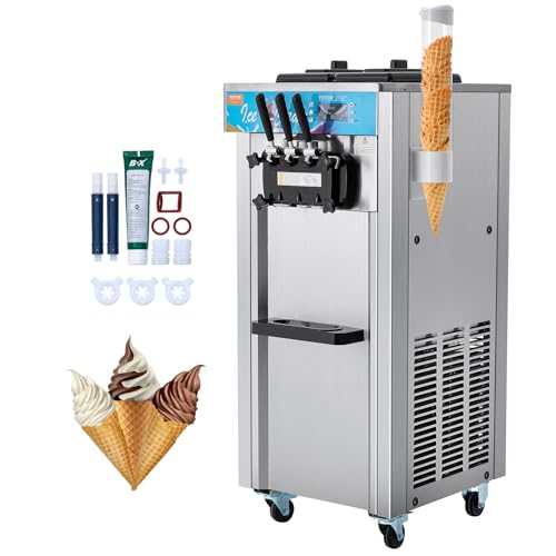 VEVOR Commercial Ice Cream Machine, 21-31 L/H Yield, 1800W 3-Flavor Freestanding Soft Serve Ice Cream Maker, 2 x 5.5L Stainless Steel Cylinder, LED Panel Auto Clean Pre-cooling, for Restaurant Bars