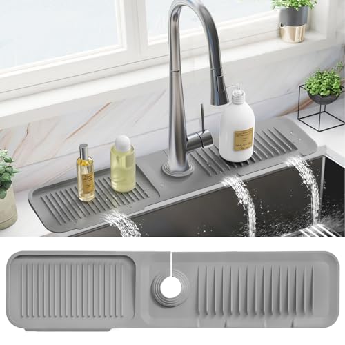 PoYang 24 inch Kitchen Sink Splash Guard, Silicone Draining Mat for Sink, Longer Silicone Faucet Drainer Pad, Sink Protectors for Kitchen Sink Mat, Sponge Holder for Kitchen Sink Accessories, Grey