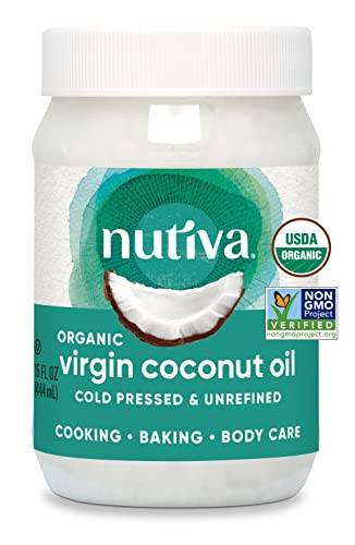 Nutiva Organic Cold-Pressed Virgin Coconut Oil, 15 Fl Oz, USDA Organic, Non-GMO, Whole 30 Approved, Vegan, Keto, Fresh Flavor and Aroma for Cooking & Healthy Skin and Hair