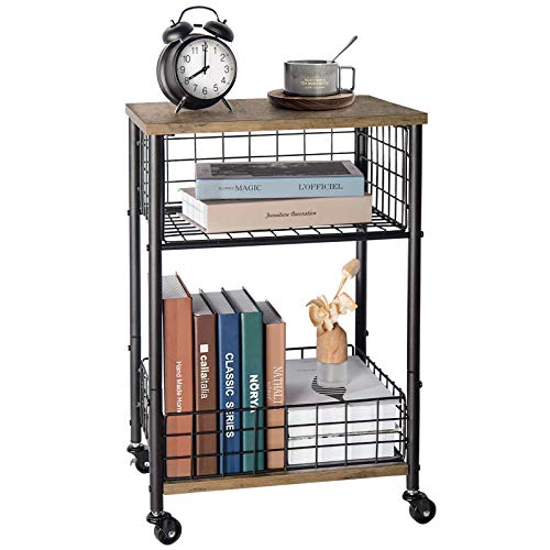 Small End Table with Wheels and Storage, Small Side Table for Small Spaces, Couch Side Table with Storage Shelves, Bed Side Table Nightstand for Bedroom Living Room with Wood Metal Sturdy Frame