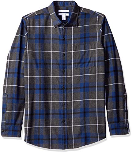 Amazon Essentials Men's Long-Sleeve Flannel Shirt (Available in Big & Tall), Blue/Charcoal Heather, Plaid, X-Small
