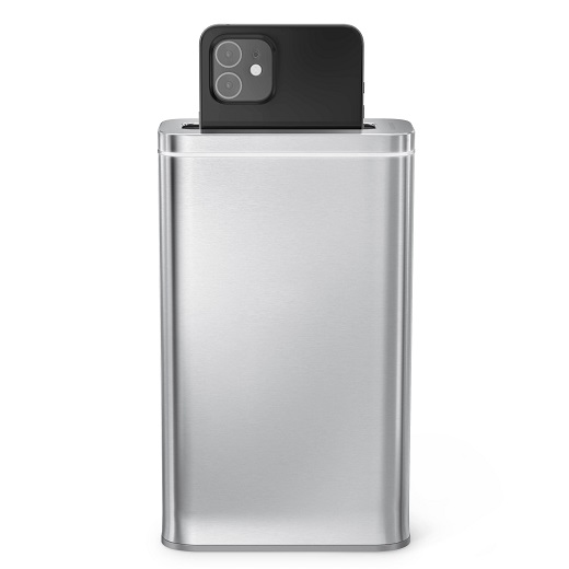 simplehuman Cleanstation phone sanitizer with sleek design, sanitizing phone with UV-C light.