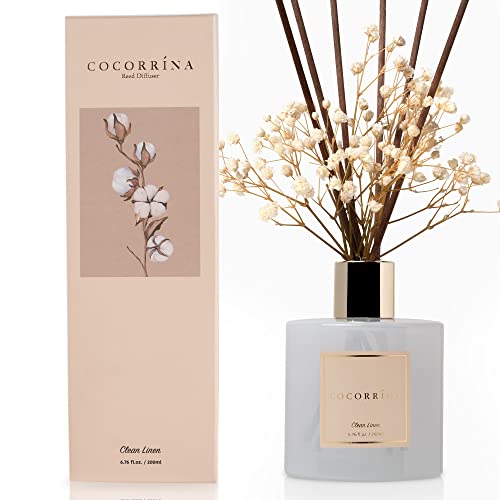 Cocorrína Reed Diffuser Set, 6.7 oz Clean Linen Scented Diffuser with Sticks Home Fragrance Essential Oil Reed Diffuser for Bathroom Shelf Decor