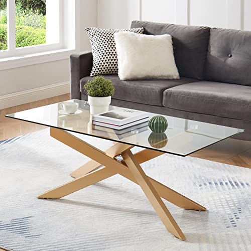 Rectangle Modern Coffee Table, Tempered Glass Top and Metal Tubular Leg, 47.3”Lx23.6”Wx18.1”H, Gold