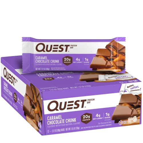 Quest Nutrition Caramel Chocolate Chunk Protein Bars, High Protein, Low Carb, Gluten Free, Keto Friendly, 12 Count