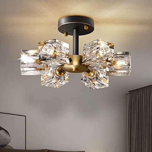 OKES Semi Flush Mount Ceiling Light,13inch Modern Black and Gold Crystal Chandeliers,6-Lights Industrial Sputnik Chandeliers for Bedroom,Kitchen,Hallway,brthroom,entryway,Dining Room…