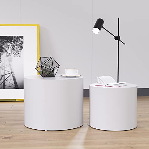 WILLIAMSPACE Matte White Nesting Coffee Table Set of 2, Small Round Wooden Coffee Tables Modern Circle Table for Small Space Living Room Bedroom Accent End Side Table (Matte White-Round)