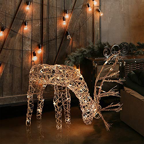 Alpine Corporation Outdoor/Indoor Rattan Grazing Reindeer with Lights - Christmas and Holiday Decoration for Yard - 24-Inches