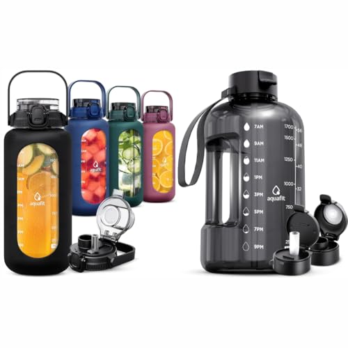 AQUAFIT 2 Pack - Half Gallon Water Bottle With Time Marker PLUS 64 oz Glass Water Bottle with Straw and Chug Lid