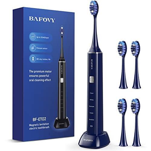 BAFOVY Sonic Electric Toothbrush with Smart Pressure Sensor, 50400 VPM Rechargeable Electronic Toothbrush for Adults, One Charge for 180 Days, 5 Modes, 4 Brush Heads, 2 Mins Timer (Blue)
