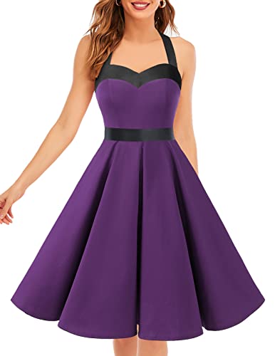 Vintage Cocktail Dress 50s Dresses for Women Retro Halter Rockabilly Homecoming Dress 1950s Pinup Homecoming Dress Purple Black XS