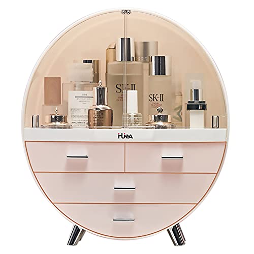 Ihuiniya Makeup Storage Organizer Box,Cosmetics storage display rack with drawer,Waterproof, dustproof, elegant display cabinet,Suitable for bathroom countertop, bedroom dresser (Large Pink)