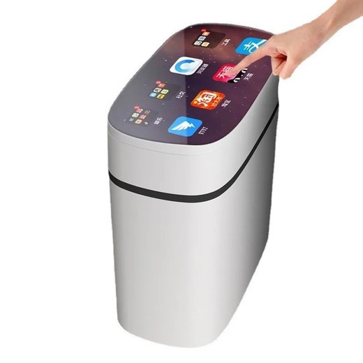 Image of the smart trash can in a living room: Automatic opening smart trash can in a modern living room